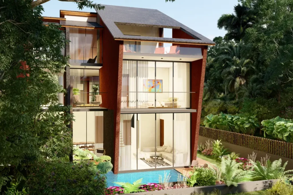 Image showing Exterior view of Coca Baia villa in North Goa, featuring modern architecture, lush green surroundings, and a spacious driveway