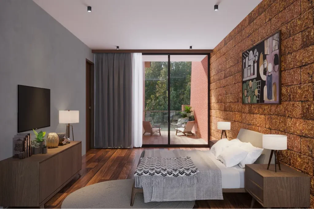 Cozy bedroom at Coca Baia villa featuring modern decor, ambient lighting